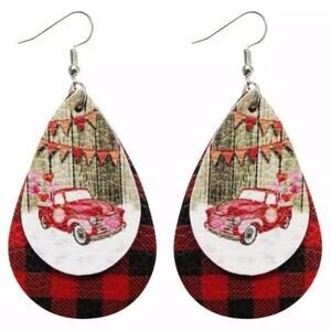 Valentines Day Country Style Vegan Leather Plaid Holiday Earrings